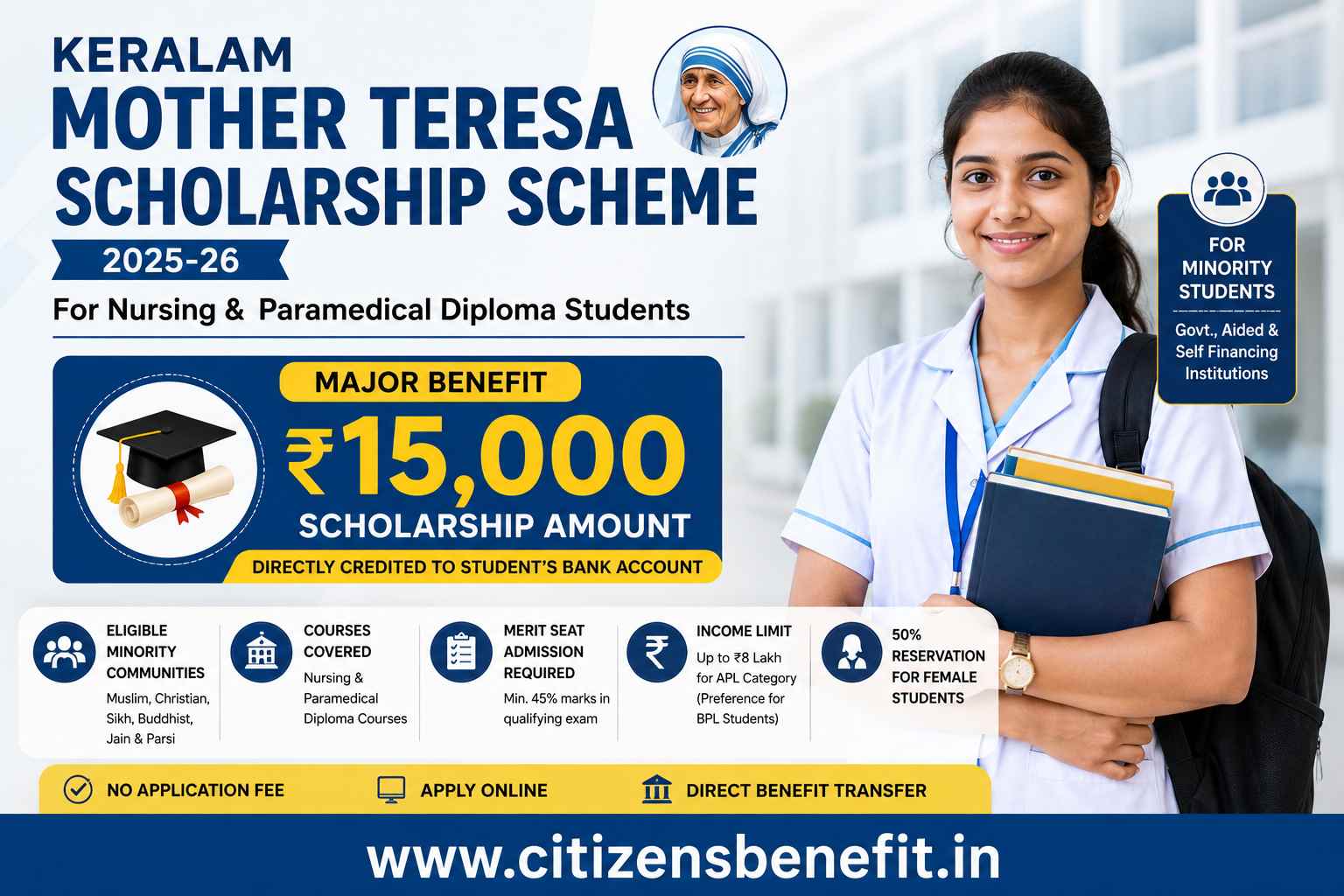 Keralam Mother Teresa Scholarship 2025-26: ₹15,000 Scholarship for Nursing & Paramedical Students in Kerala